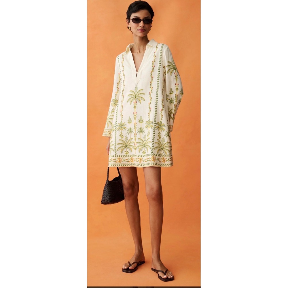 Few Moda Anaya Women Cream Embroidered Palm Tree Linen Tunic Dress Size S NWT
